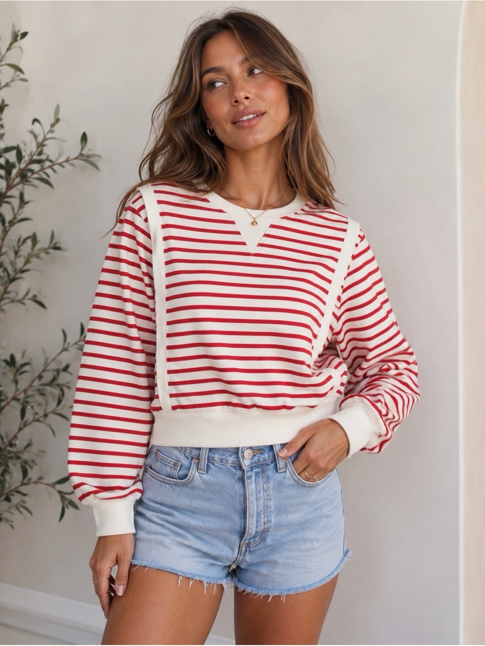 Evereve Red & Cream Striped Pullover Sweatshirt